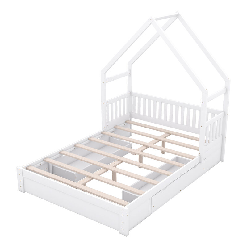 Whisen Queen Size Wood House Platform Bed with Guardrail and 2 Drawers - White