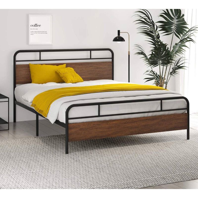 Industrial Metal-Wood Bed Frame – Platform Style with Headboard and Footboard for Modern Interiors
