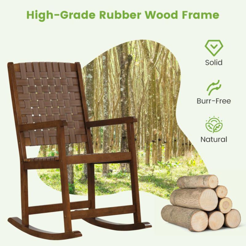 Hivvago Patio Wood Rocking Chair with PU Seat and Rubber Wood Frame