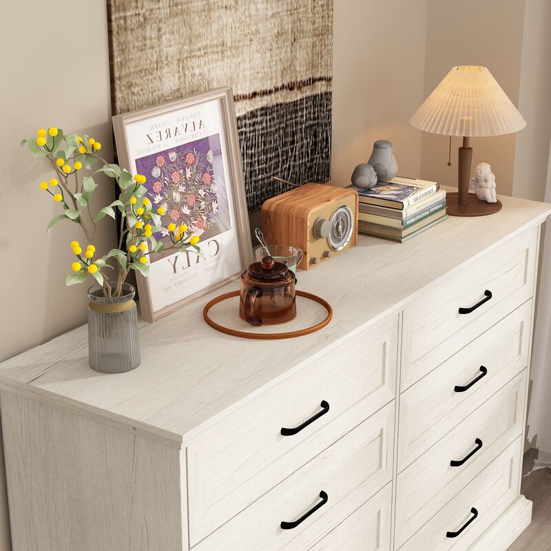 FUFU&GAGA 8-Drawer Dresser, Wide Wooden Storage Chest with Metal Handles, Large Capacity Organizer for Bedroom， (54.6" W x 33.1" H x 15.7" D),Rustic White