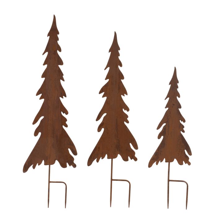 Set of 3 Rusted Iron Pine Tree Stakes for Outdoor Holiday or Garden Decor