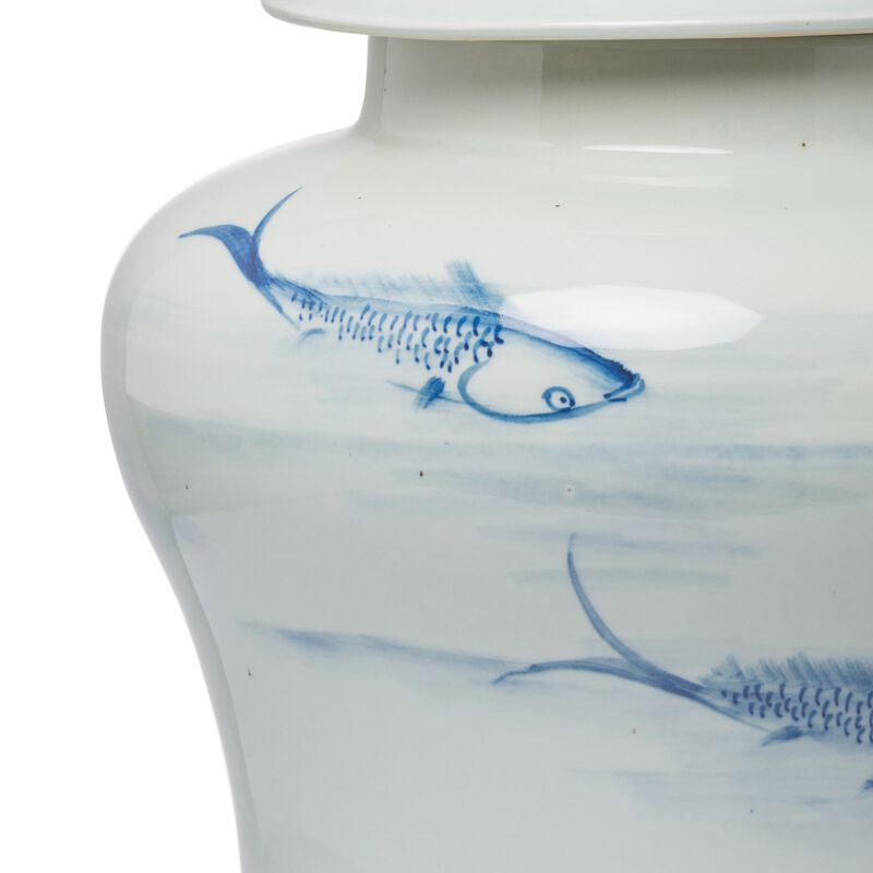 18 Inch Porcelain Ginger Jar, Artful Wispy Fish, Classic White and Blue - Benzara