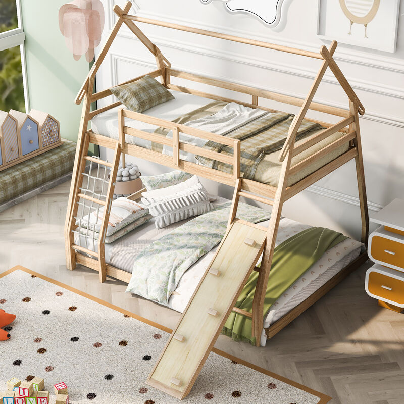 Whisen Twin over Queen House Bunk Bed with Climbing Nets and Climbing Ramp