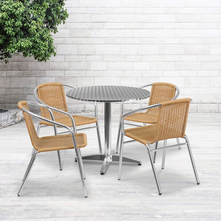 Flash Furniture 31.5'' Round Aluminum Indoor-Outdoor Table Set with 4 Beige Rattan Chairs