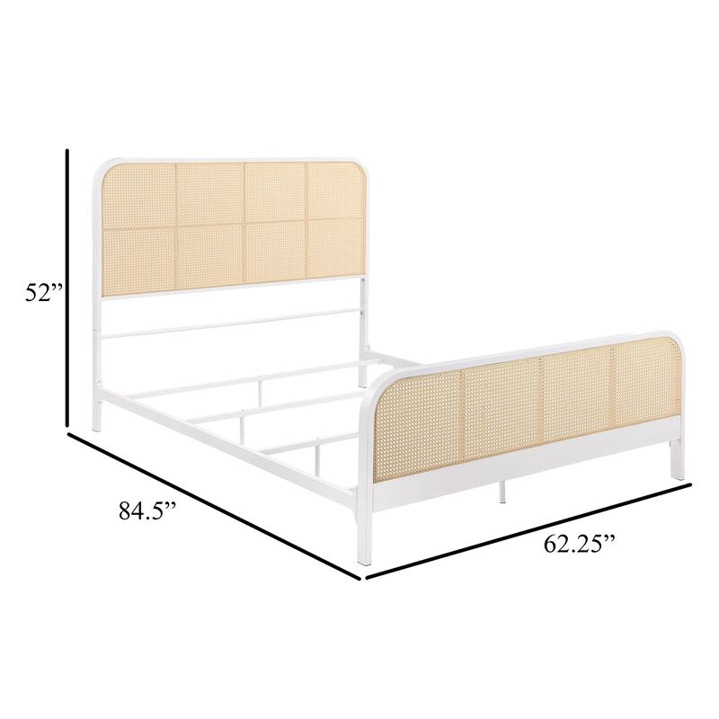 Lanie Queen Bed with Brown Open Cane Webbing Faux Rattan, White Metal  - Benzara