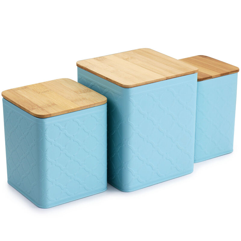 MegaChef 3 Piece Square Iron Kitchen Canister Set with Bamboo Lids in Turquoise