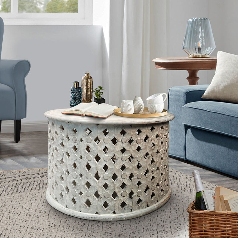 Cato 28 Inch Artisanal Round Mango Wood Coffee Table, Intricate Diamond Lattice Cut Out Frame, Washed White