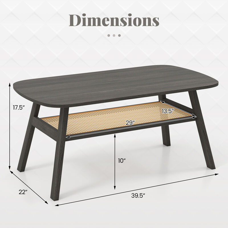2-Tier Rectangular Center Coffee Table with Rattan Storage Shelf and Rubber Wood Legs