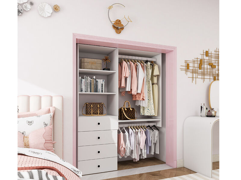 Closet Organizer System, Closet System with 4 Drawers, Walk in Closet Organizers and Storage with 3 Shelves Wall Mounted and 2  Clothing Racks, White Wardrobe Closet