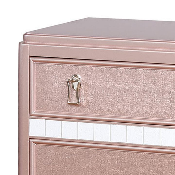 Contemporary Solid Wood Nightstand With Mirror Trim, Pink-Benzara