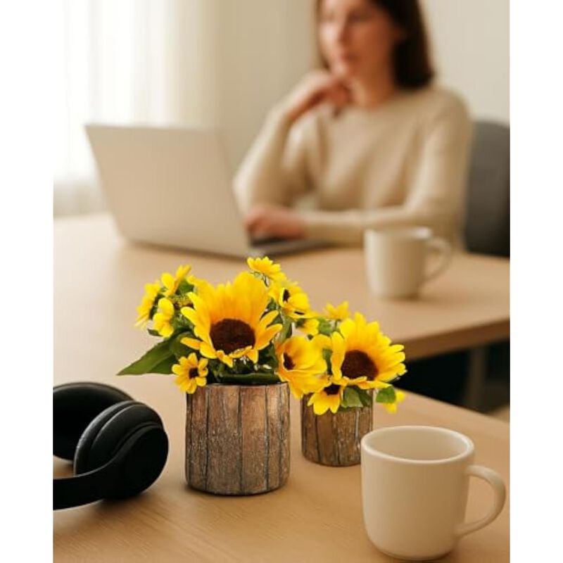 Artificial Flowers Home Decor Sunflowers Rustic Bark Pots 2 image number 3
