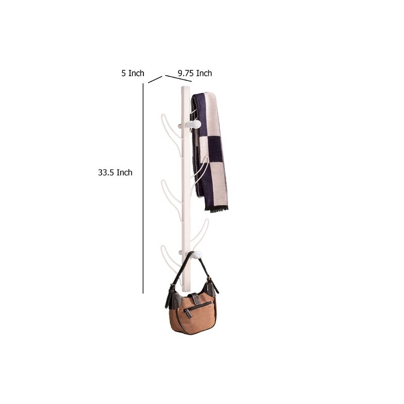 34 Inch Zubo Coat and Hat Rack w 6 Hooks , Wall Mount, White Metal