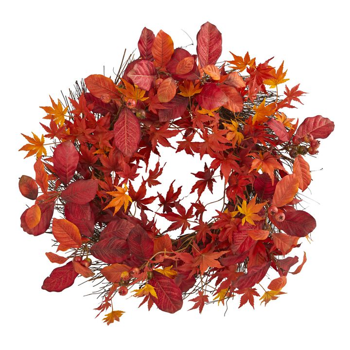 HomPlanti 22" Japanese Maple, Magnolia Leaf and Berries Artificial Wreath