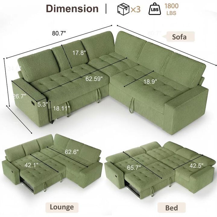 Vipbear 80.7" L-Shaped 5-Seat Corduroy Convertible Sectional Sleeper Sofa with Pull-Out Bed, Storage