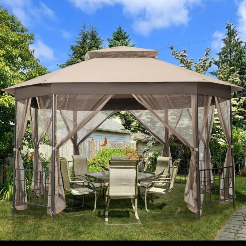 Hivvago Outdoor 10 x 12 Ft Octagon Gazebo with Mosquito Net Sidewalls and Beige Canopy