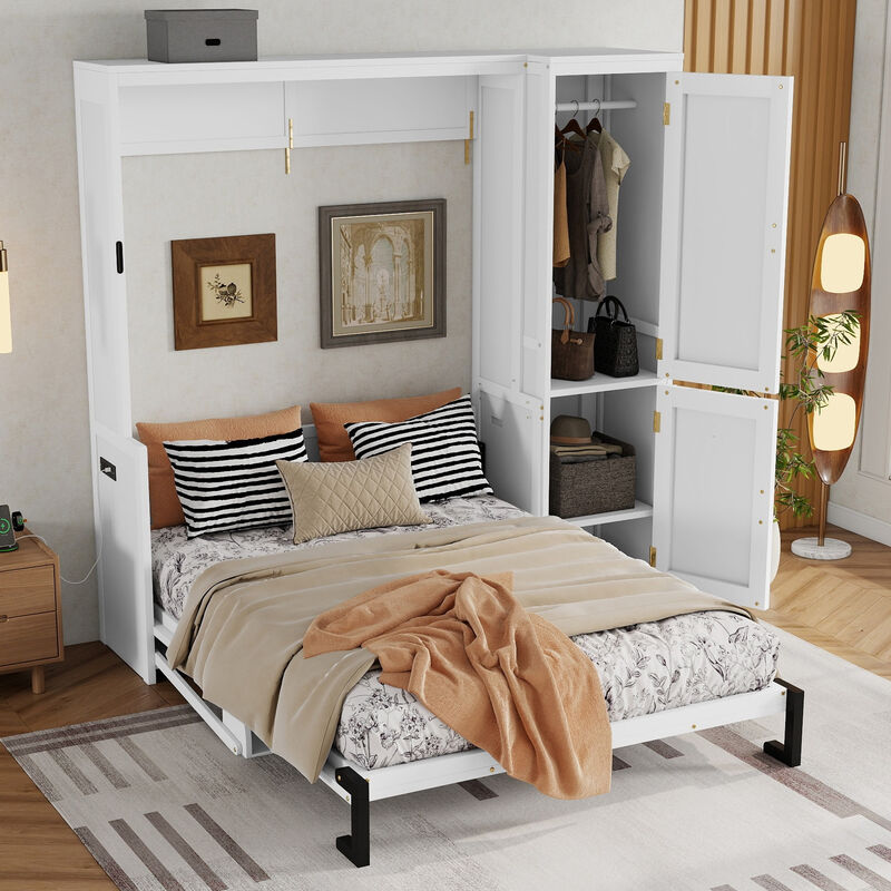 Whisen Queen Size Wood Murphy Bed with Wardrobe, Desk, Gas Struts and Charging Station image number 7