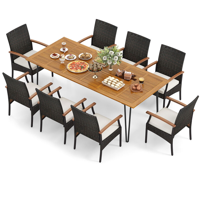 9-Piece Acacia Patio Set &ndash; Dining Table with Umbrella Hole & 8 Matching Chairs