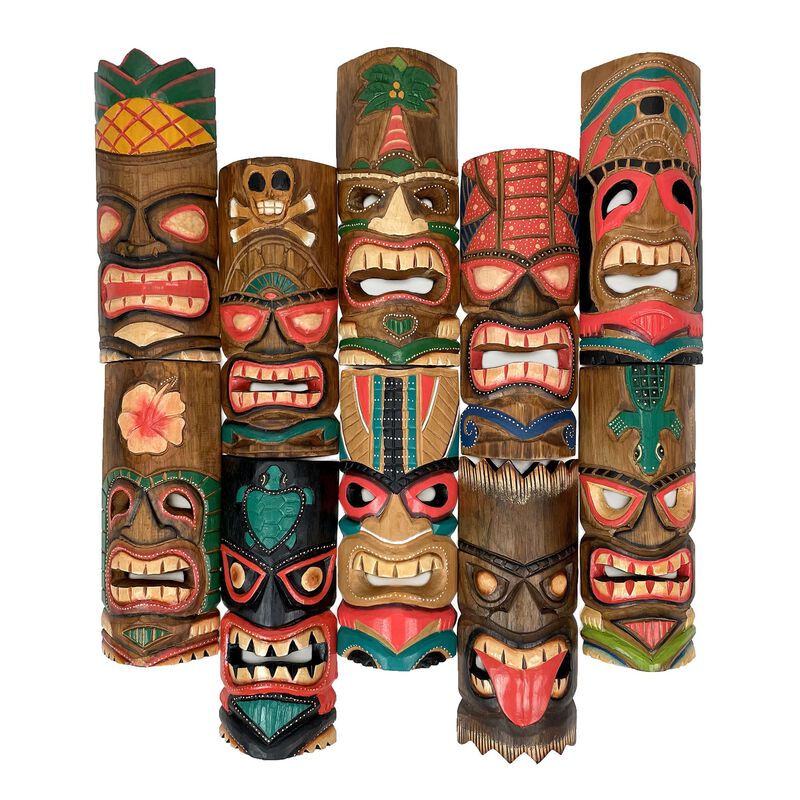 Set Of 10 Hand-Carved Tropical Island Style Tiki Masks Decorative Wall Hangings image number 6