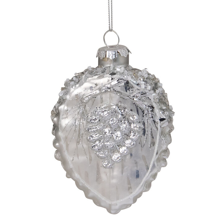 4" Silver Glittered Half Pine Cone Glass Christmas Ornament