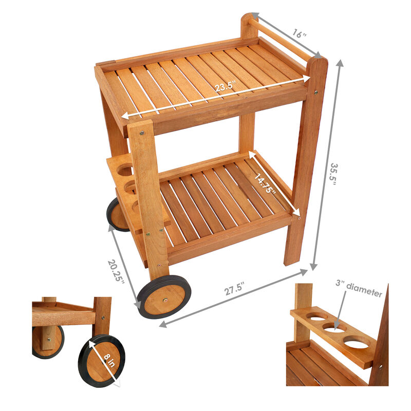 Sunnydaze Malaysian Hardwood Indoor/Outdoor 2-Tier Serving Cart