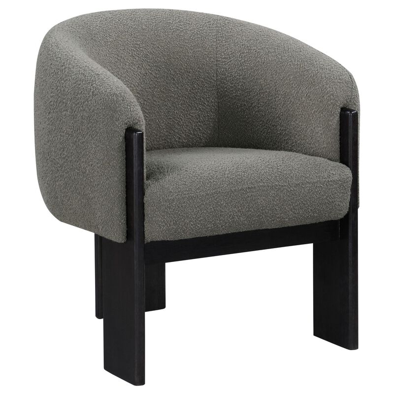 Vala Accent Chair, Modern Plush Gray Boucle Barrel Back, Black Wood - Benzara