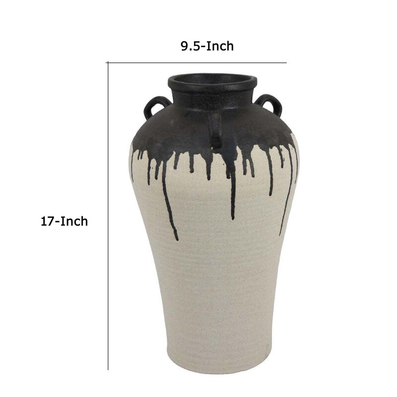 Caleb Accent Vase with Drip Pattern and Handles, Black Gray Ceramic