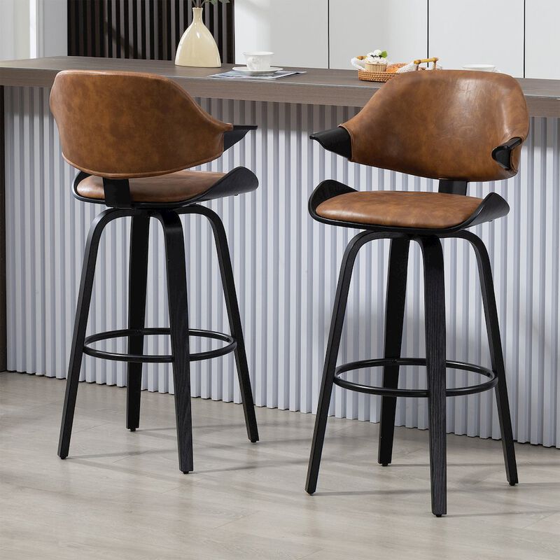 Glamour Home Set of 2 Bevelyn Vintage Brown Faux Leather Swivel Bar Stool Black Wood Legs