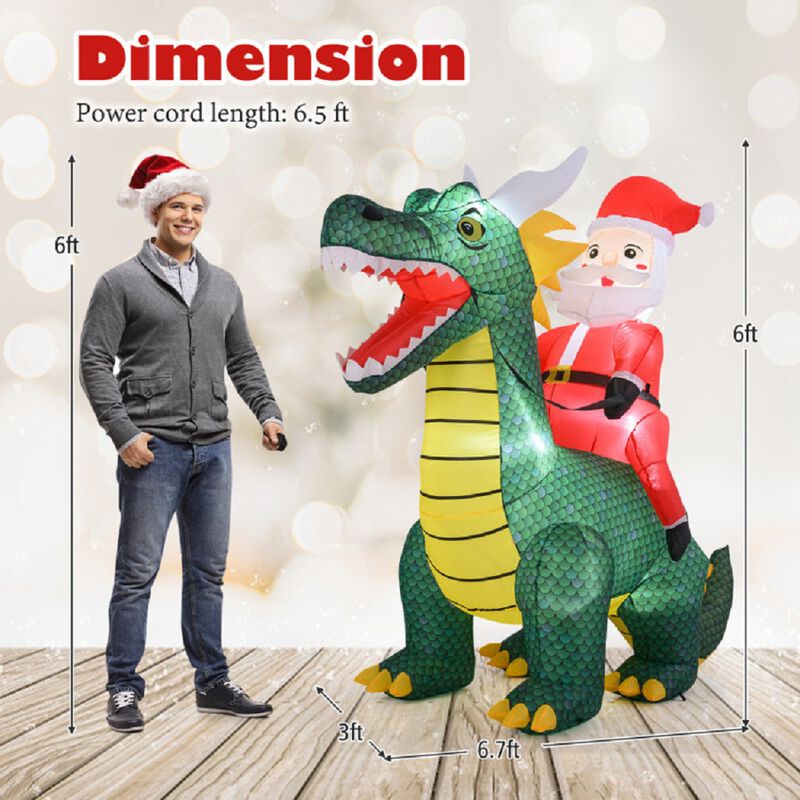 6.7 Feet Inflatable Santa Claus on Dinosaur, Outdoor Christmas Decor with LED Lights image number 2