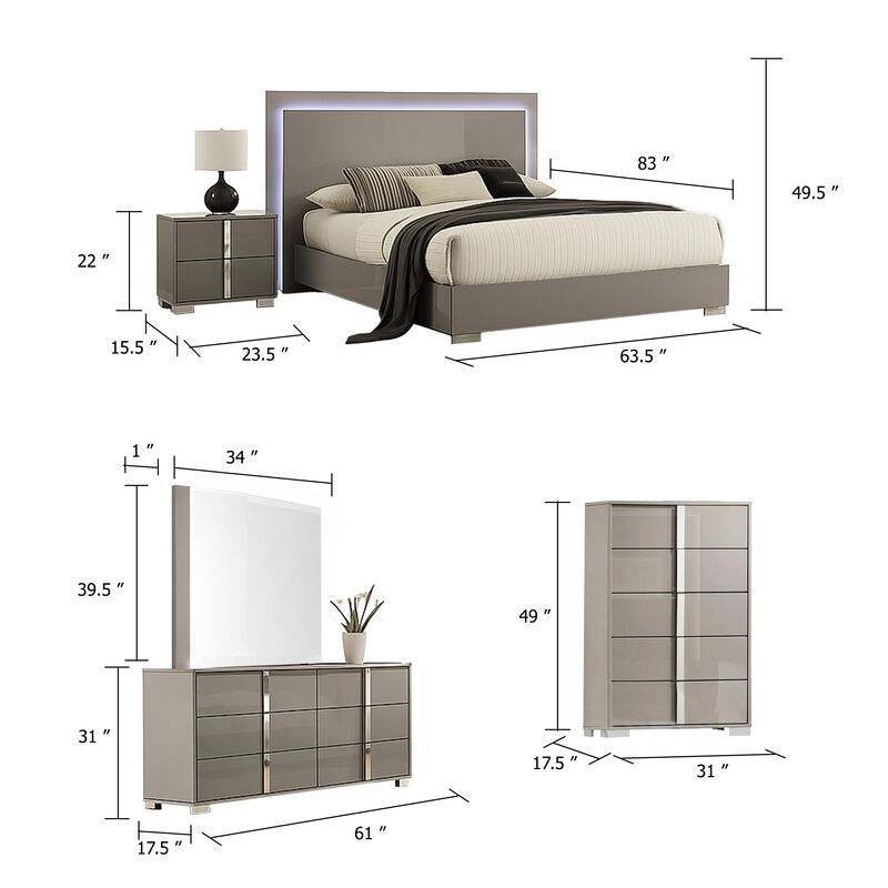 Suni 5pc Queen Bedroom Set w LED Headboard, Light Taupe Gray, Tall Dresser image number 5
