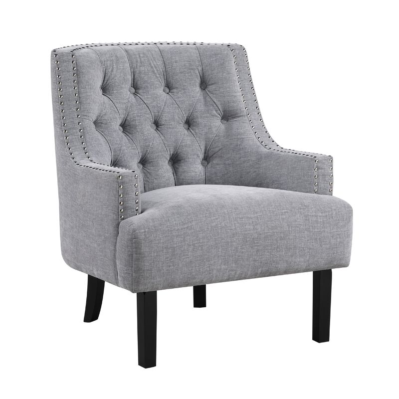 Daisie Accent Armchair, Button Tufted Gray Chenille, Solid Wood