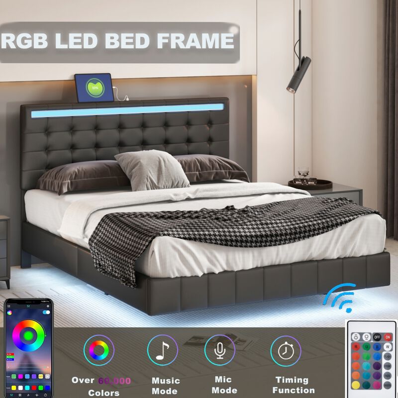 Queen Size Floating Bed Frame with LED Lights and USB Charging, Modern Upholstered Platform LED Bed Frame, Black