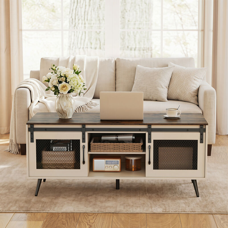 Farmhouse Coffee Table with Sliding Doors Rectangular with Adjustable Shelf-Rustic Brown image number 1