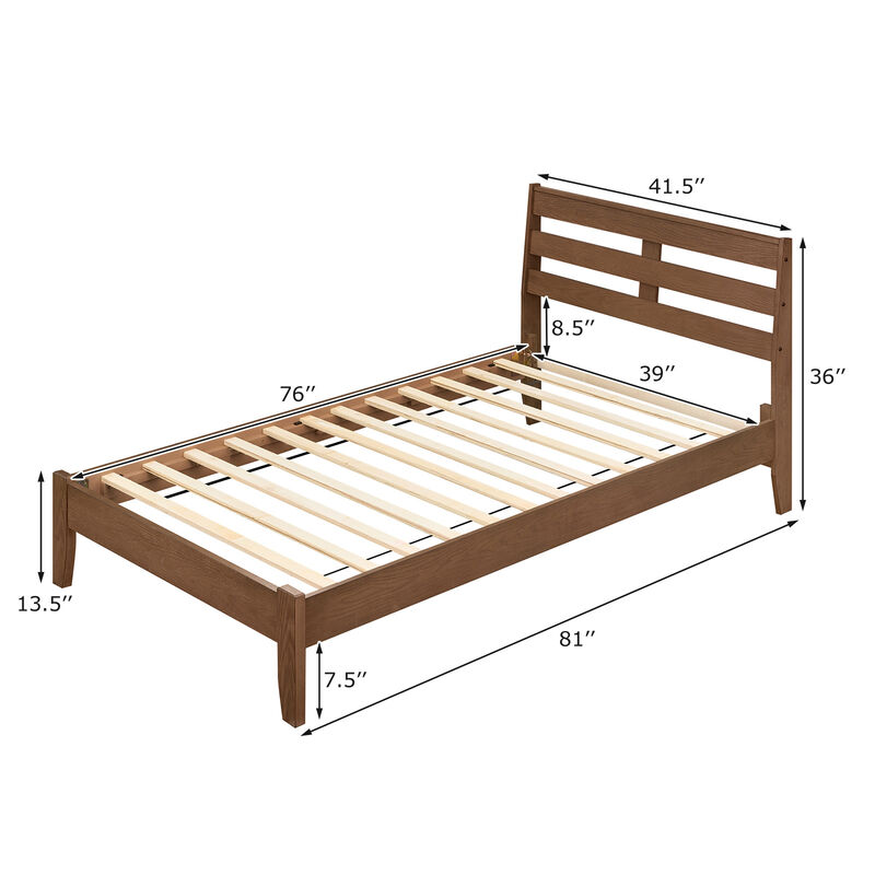 Twin Wooden Platform Bed Frame with Slatted Headboard Design image number 2