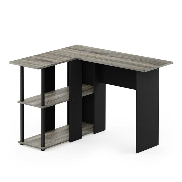 Furinno 17092GYW BK Abbott L Shape Desk with Bookshelf, French Oak Grey & Black