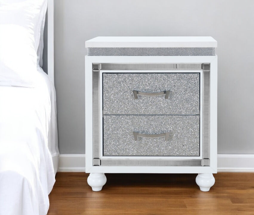 Bedroom Nightstand with Two Drawers – Wood Bedside Table with Crystal Bling