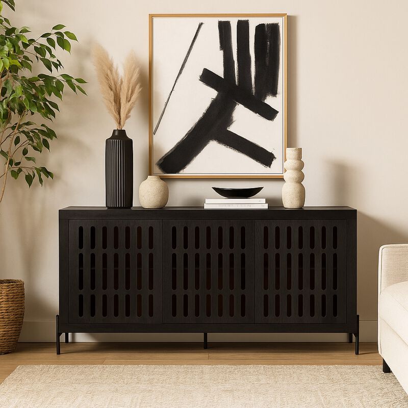 Lizzy Sideboard Console, 3 Inner Shelves, Black Natural Wood 64 Inch