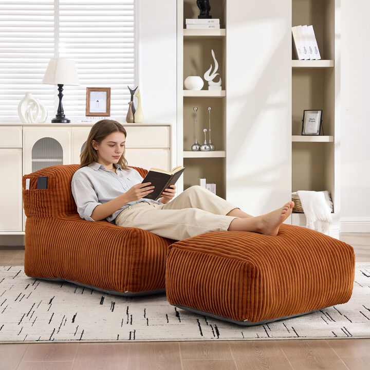 Large Bean Bag Chair for Adults with Ottoman, Soft Corduroy Bean Bag Sofa, Ergonomic Lounger for Living Room, Bedroom, Dorm & Balcony