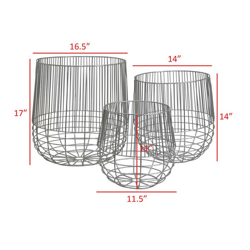 Vella Set of 3 Decorative Baskets, Open Cage Design, Silver Metal Finish - Benzara