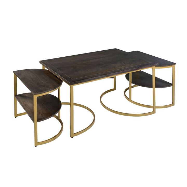 38 Inch Rectangle Metal Nesting Coffee Table - 3 pcs set, Dark Brown, Gold