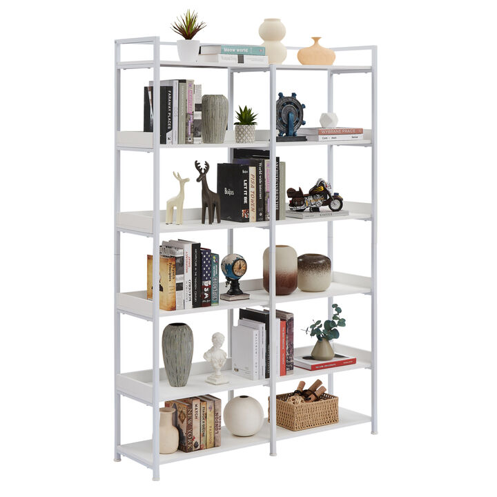 70.8 Inch Tall Bookshelf MDF Boards Stainless Steel Frame, 6-tier Shelves with Back Side Panel, Adjustable Foot Pads
