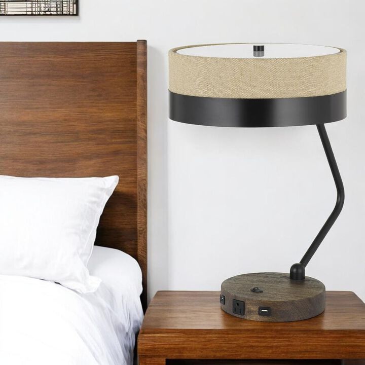 Hivvago 20" Black And Brown Wood And Metal Two Light USB Table Lamp With Beige And Black Shade