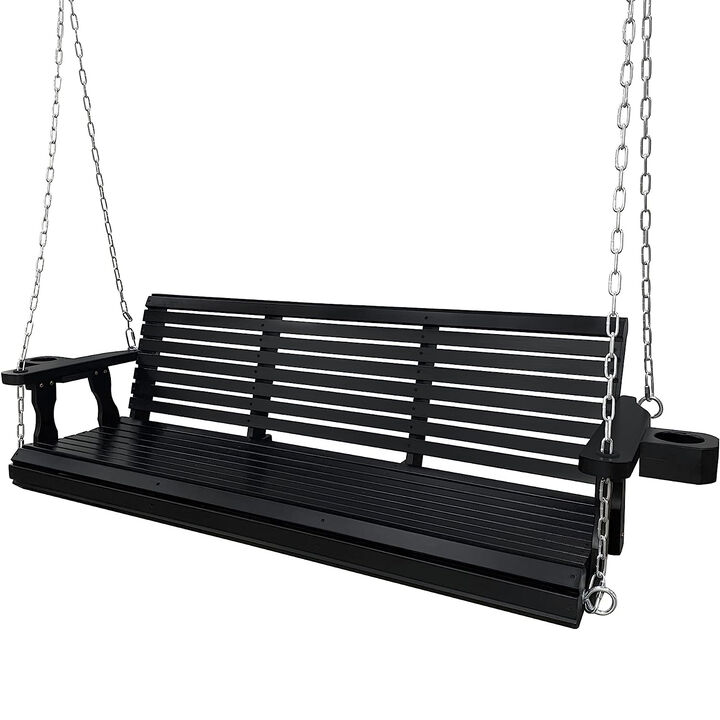 Wooden Porch Swing 3-Seater, Bench Swing with Cupholders, Hanging Chains and 7mm Springs, Heavy Duty 800 LBS, for Outdoor Patio Garden Yard (Matte Black - 5 feet)