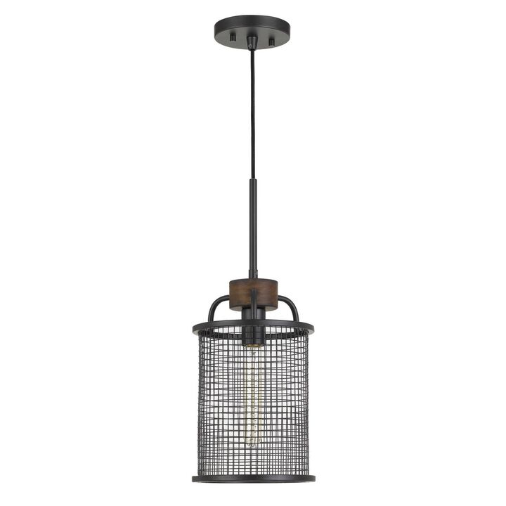 Cylindrical Grid Design Metal Chandelier with Wooden Accent, Black - Benzara
