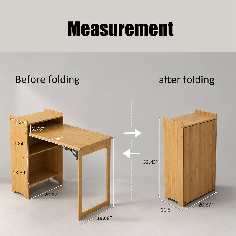 GOODSILO Bamboo Folding Desk Space Saving Foldable Table for Home Office Bedroom Computer Workstation Vanity with Hidden Storage for Small Spaces image number 1