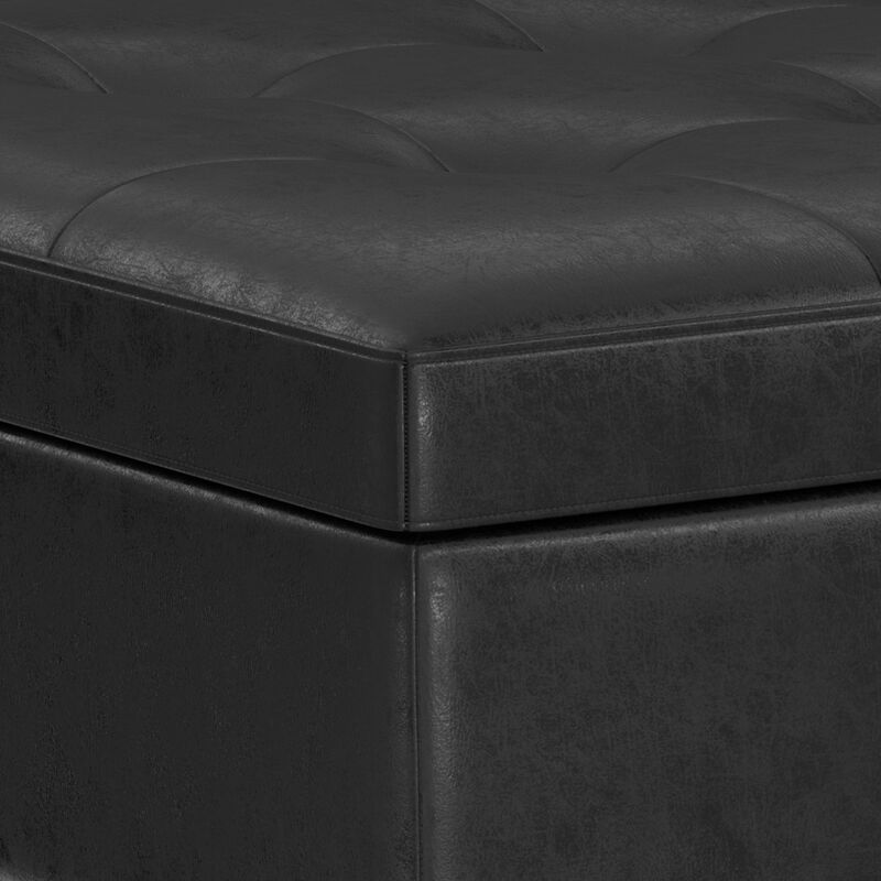 Shay 38 inch Wide Mid Century Modern Square Mid Century Large Square Coffee Table Storage Ottoman in Distressed Black Vegan Faux Leather, Assembled