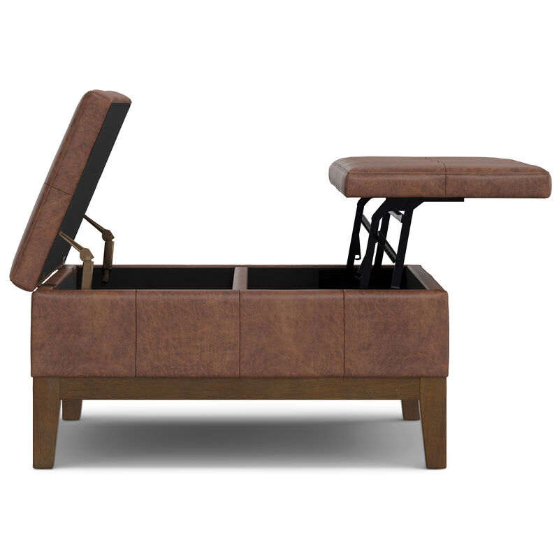 Dover 36 inch Wide Contemporary Square Lift Top Coffee Table Storage Ottoman in Distressed Saddle Brown  Vegan Faux Leather, Assembled