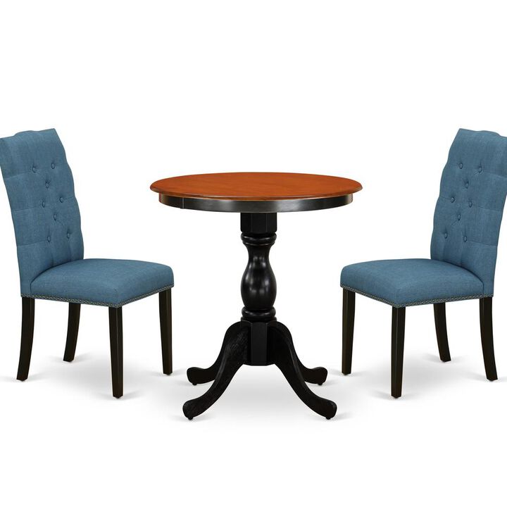 East West Furniture 3-Piece Dining Room Set Include a Round Table and 2 Blue Linen Fabric Parson Chairs with Button Tufted Back - Black Finish