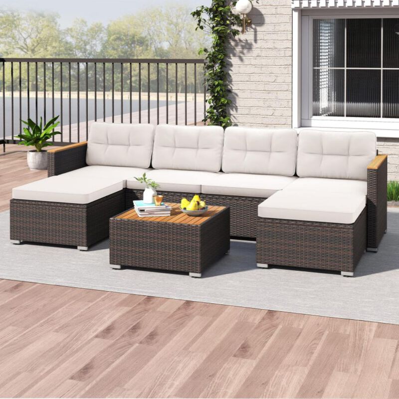 Hivvago 7 Pieces Wicker Conversation Set with Wood Armrests for Backyard