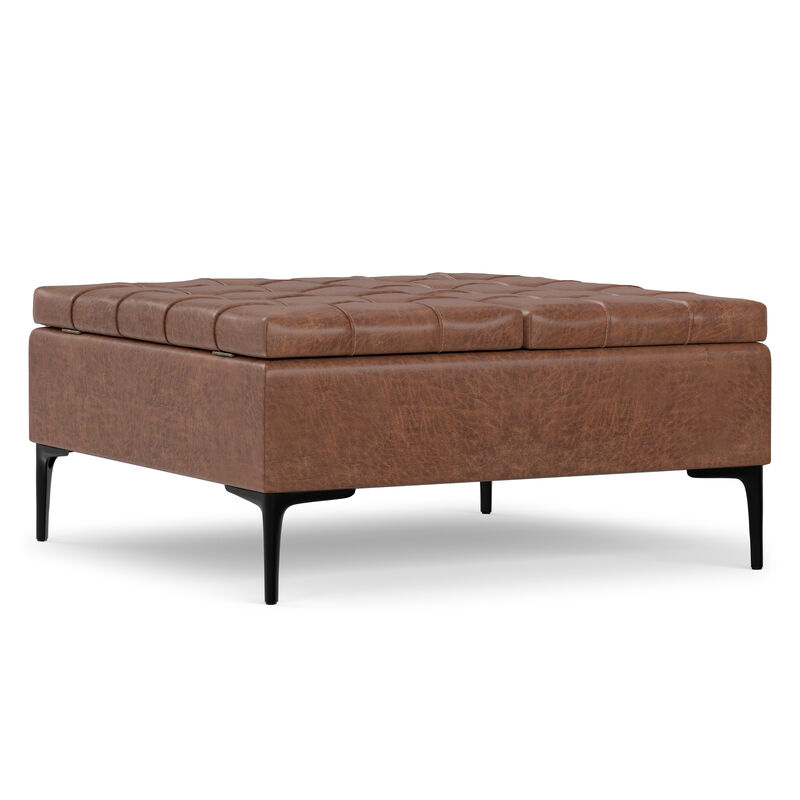 Laura 36 inch Wide Mid Century Square Mid&nbsp;Century&nbsp;Lift Top&nbsp;Storage Ottoman in Distressed Saddle Brown  Vegan Faux Leather, Assembled image number 7