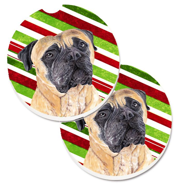 Caroline's Treasures Mastiff Candy Cane Holiday Christmas Set of 2 Cup Holder Car Coasters SC9345CARC, 2.56, Multicolor